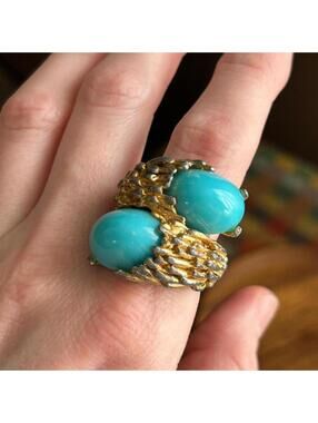 Chunky Turquoise Statement Ring Mixed Metal Brutalist Sculptural